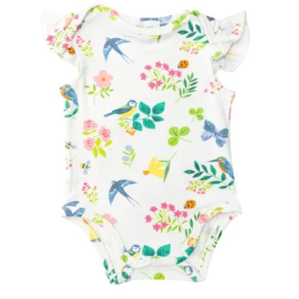 Angel Dear | Garden Birds Ruffle Short Sleeve Onesie | 0-3M